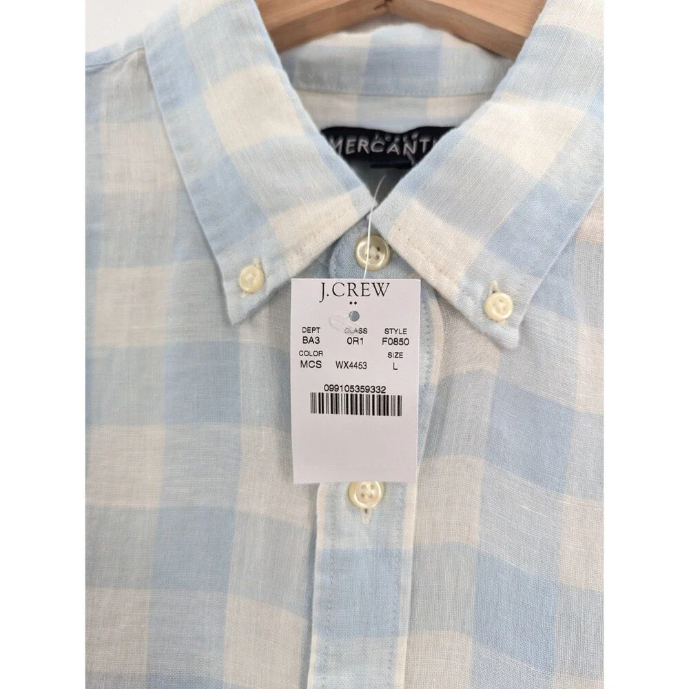 J.Crew Shirt Sz L Men's Blue White Slim Linen Plaid Button Up Long Sleeve